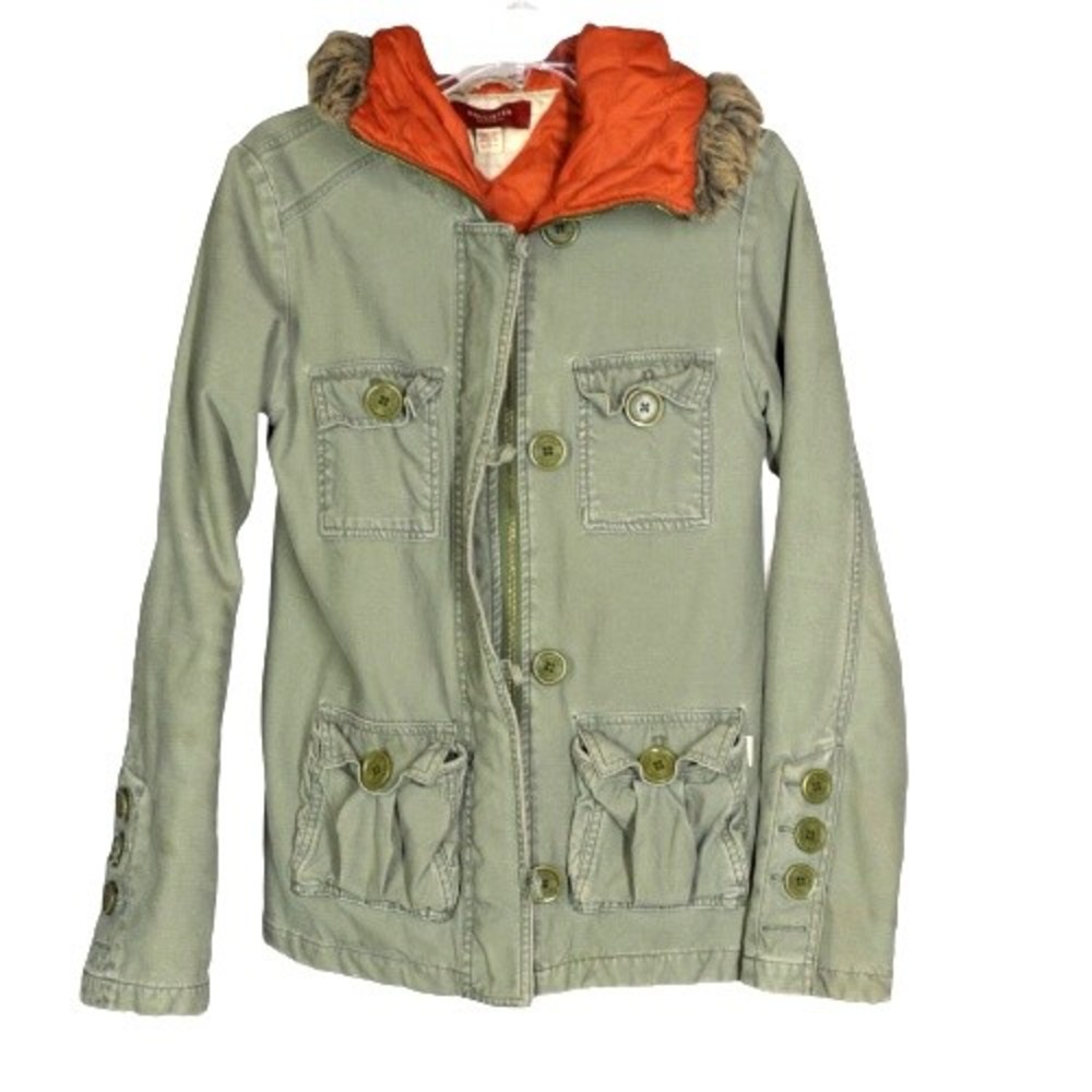 Vtg Hollister Green Hooded Fully Lined Utility Coat Medium Faux Fur Lined Hood